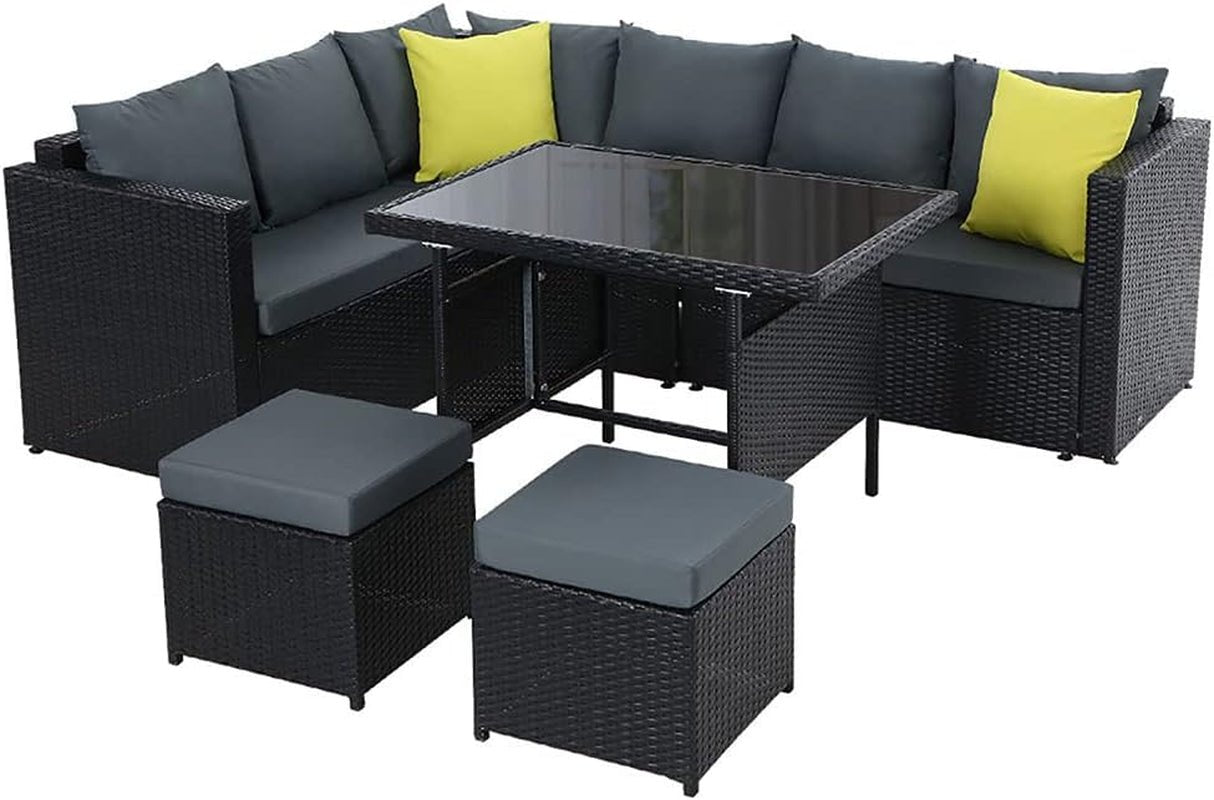 Luxurious 8 - Seater Rattan Wicker Patio Set with Cushions & Ottoman: Weather - Resistant Dining Furniture - Nourishment Tapestry