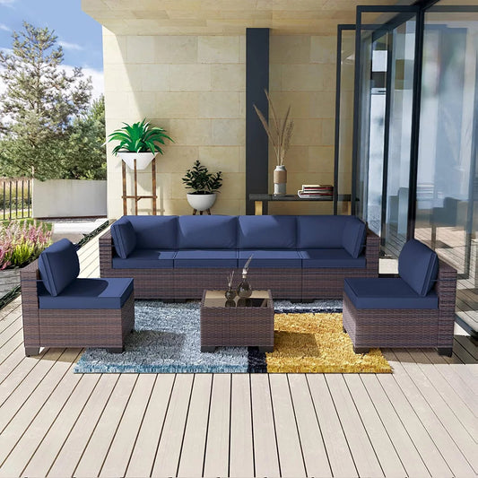 Luxurious Navy Blue Wicker Patio Set - 7 - Piece Outdoor Sectional - Nourishment Tapestry