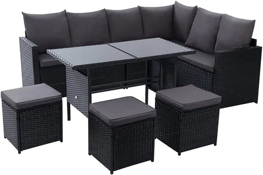 Luxury 9 - Seater Rattan Patio Set with Ottoman: Weather - Resistant Wicker Lounge - Nourishment Tapestry