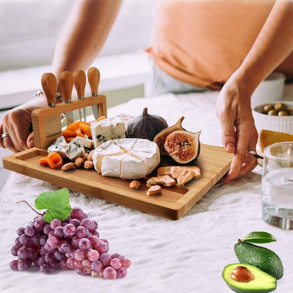 Luxury Bamboo Charcuterie Board Set with 4 Steel Knives: Ideal Wedding & Housewarming Gift - Nourishment Tapestry