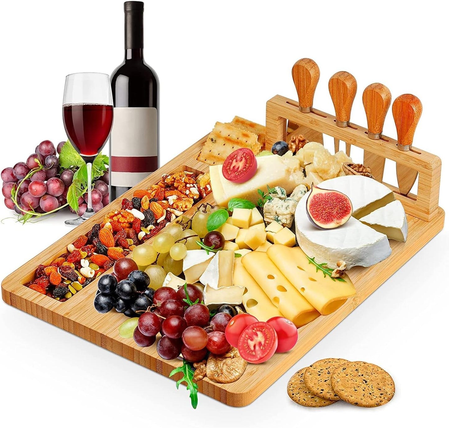 Luxury Bamboo Charcuterie Board Set with 4 Steel Knives: Ideal Wedding & Housewarming Gift - Nourishment Tapestry