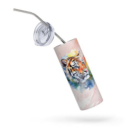 Majestic Tiger Tumbler: 20oz Insulated Stainless Steel Travel Mug - Stunning Watercolor Art Design - Nourishment Tapestry