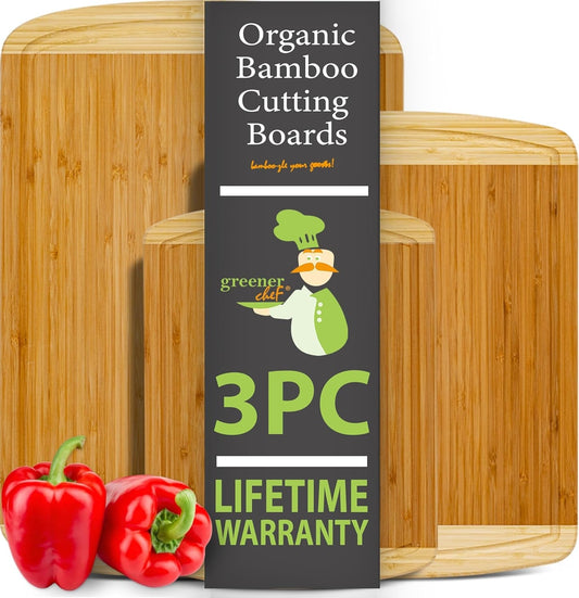 Organic Bamboo Cutting Board Set: 3 - Piece Kitchen Essential with Juice Groove & Lifetime Warranty - Nourishment Tapestry