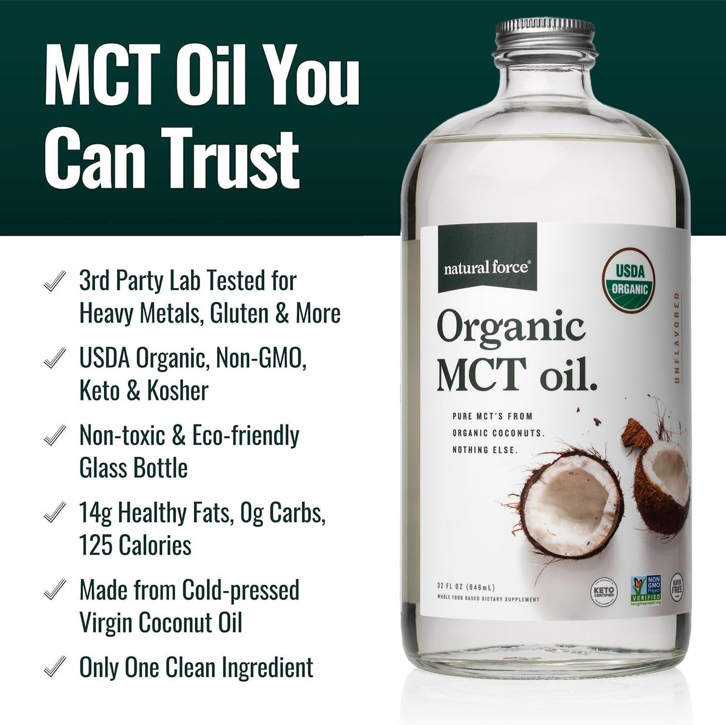 "Organic Keto MCT Oil - Pure Coconut MCTs in Glass Bottle - 32oz" - Nourishment Tapestry