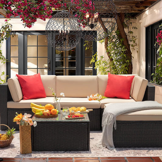 Premium 5 - Piece Wicker Patio Set: All - Weather Rattan Sectional with Table, Beige - Upgrade Your Outdoor Space Today! - Nourishment Tapestry