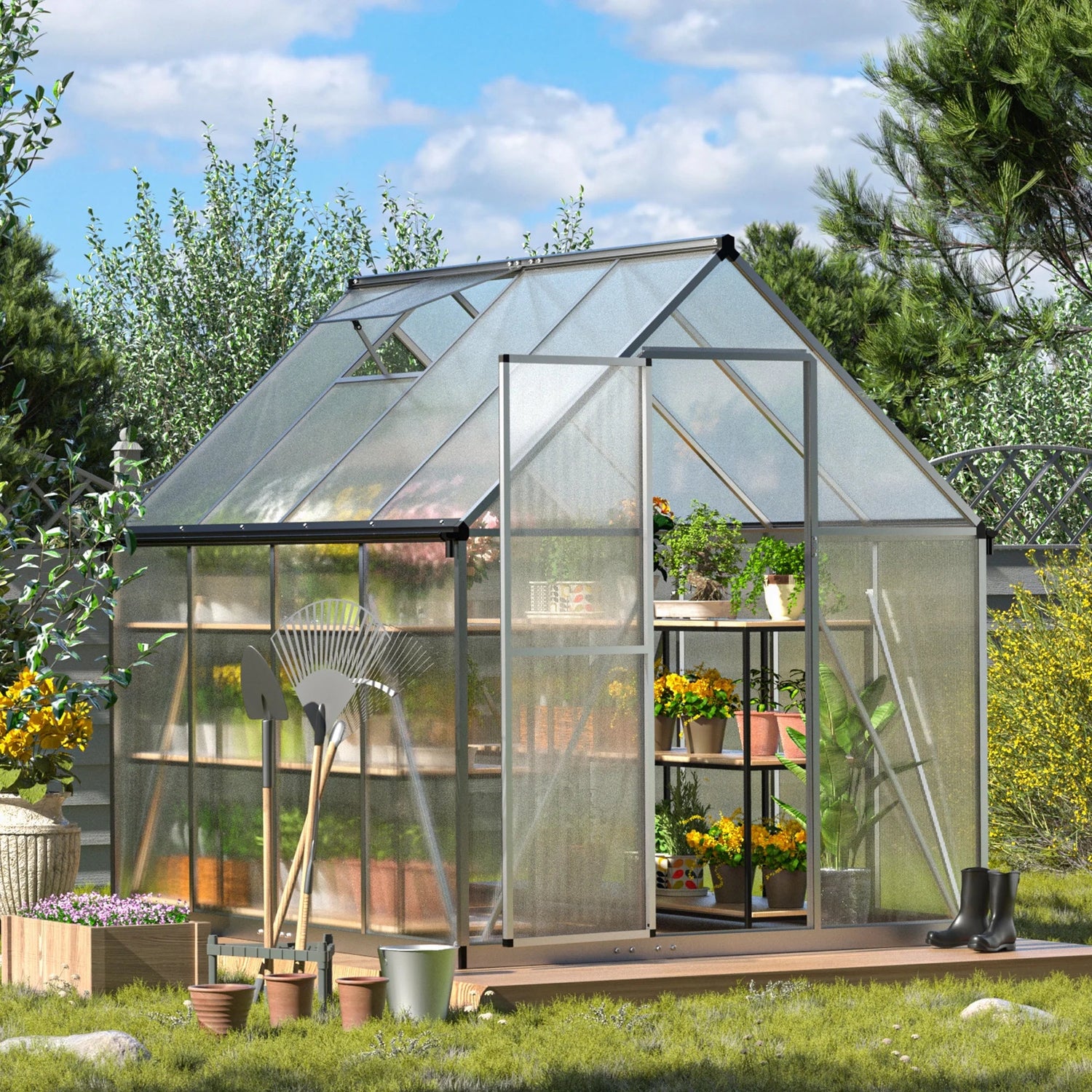 Premium 6x8 Walk - In Polycarbonate Greenhouse with Silver Frame, Roof Vent, and Lockable Doors - Nourishment Tapestry