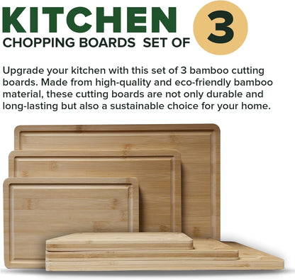 Premium Bamboo Cutting Board Set: 3 - Pack with Handles & Grooves - Durable Kitchen Essential for Meat, Cheese & Veggies - Nourishment Tapestry