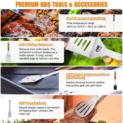 Professional 38 - Piece BBQ Grill Tool Set: Stainless Steel Utensils with Aluminum Case - Nourishment Tapestry