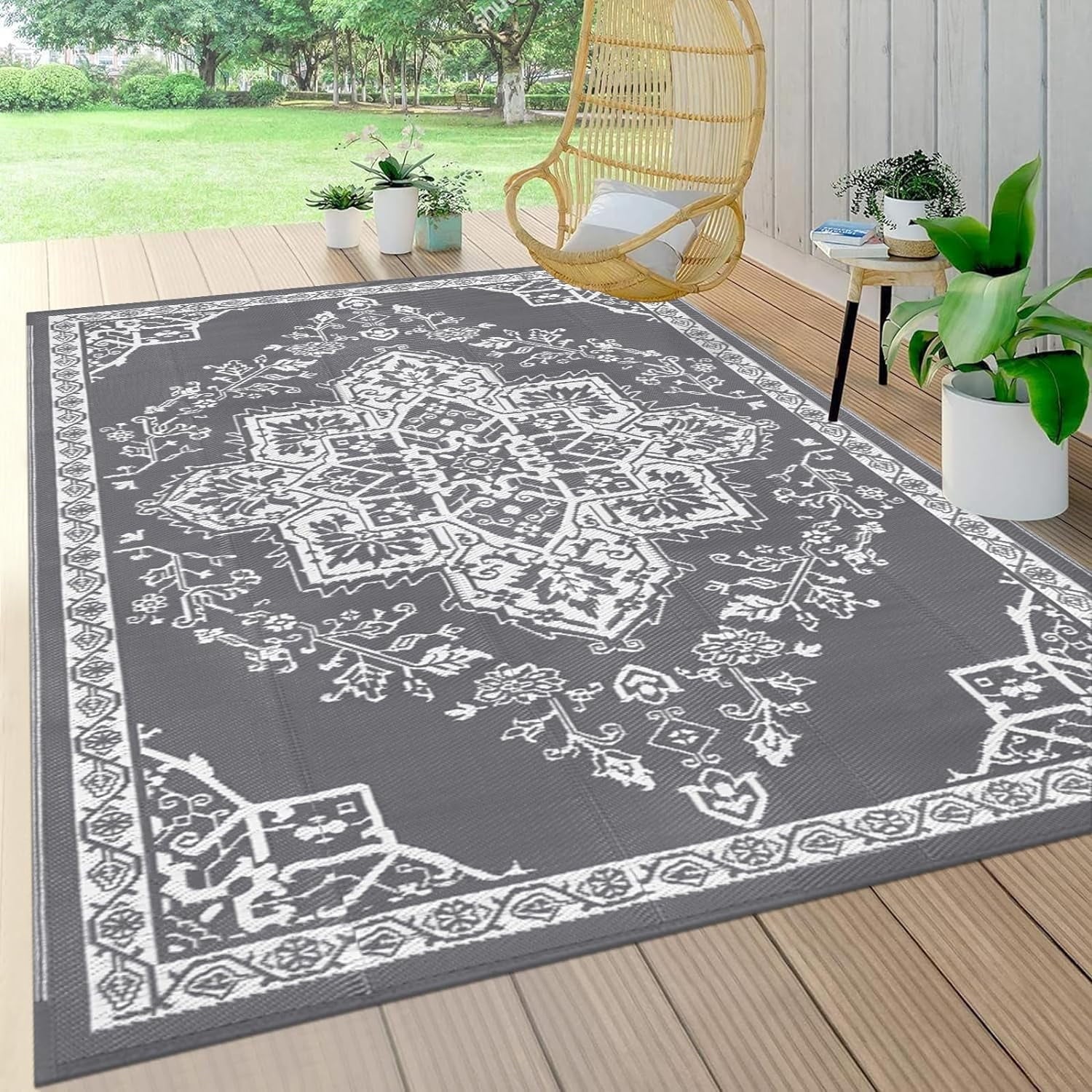 Reversible Gray Outdoor Rug 5x7: Versatile Mat for RV, Camping, Patio & Beach - Nourishment Tapestry