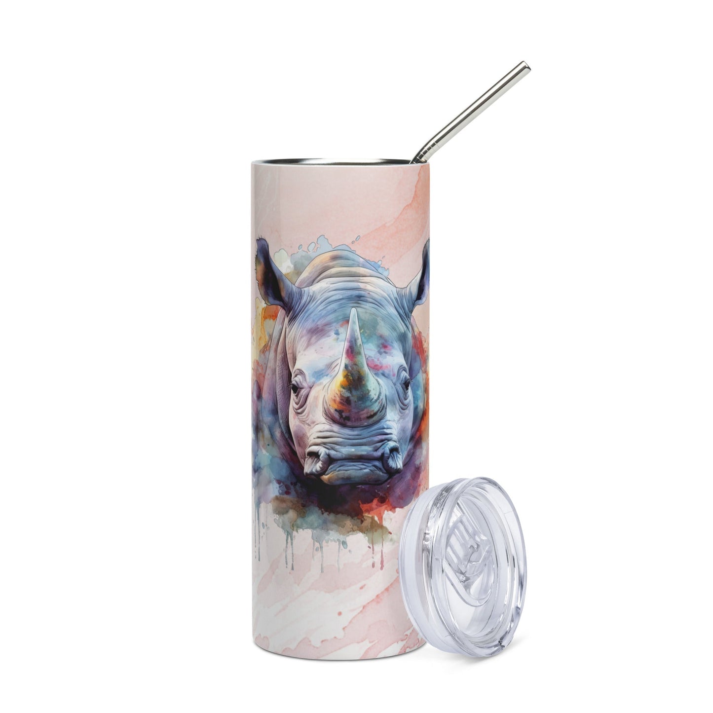 Rugged Rhino 20oz Tumbler: Artistic Watercolor Travel Mug - Leak - Proof & Insulated - Nourishment Tapestry