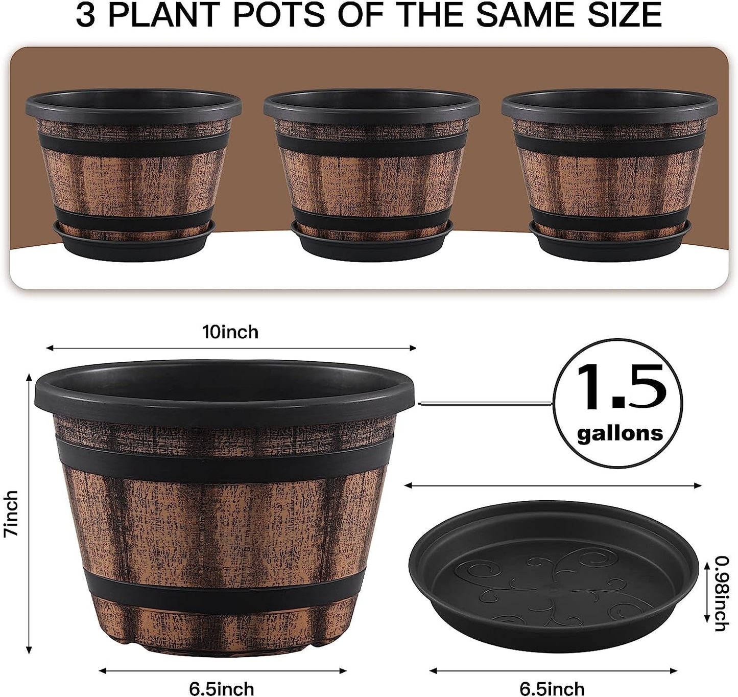 Rustic Whiskey Barrel Planters: 3 - Piece Set with Saucers for Charming Garden Decor - Nourishment Tapestry