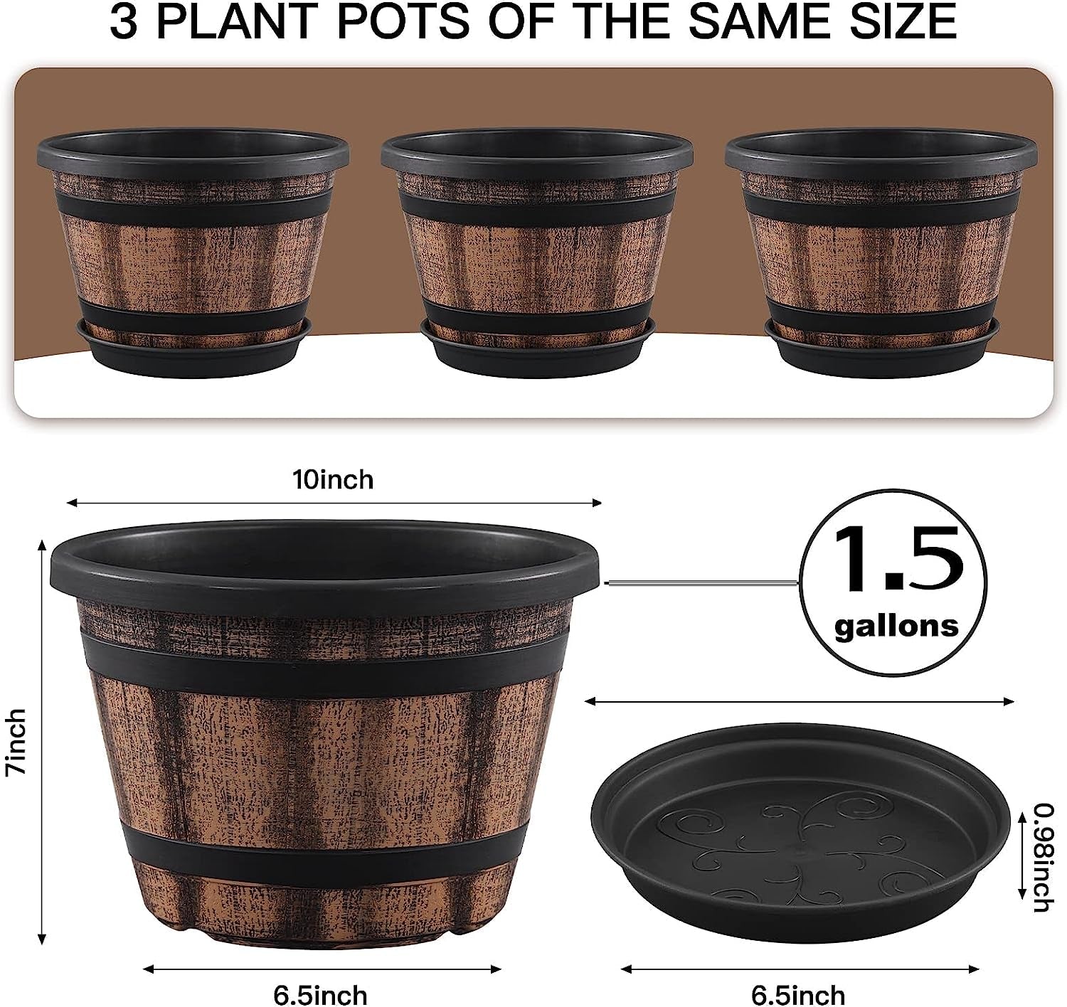 Rustic Whiskey Barrel Planters: 3 - Piece Set with Saucers for Charming Garden Decor - Nourishment Tapestry