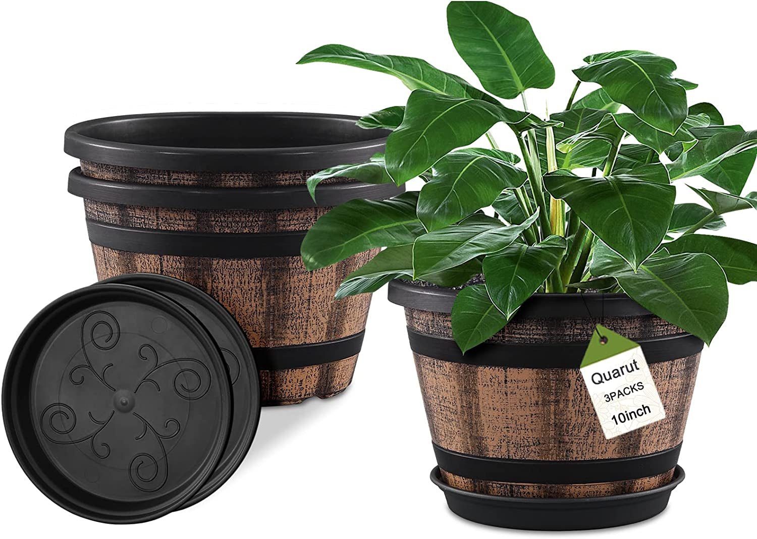 Rustic Whiskey Barrel Planters: 3 - Piece Set with Saucers for Charming Garden Decor - Nourishment Tapestry