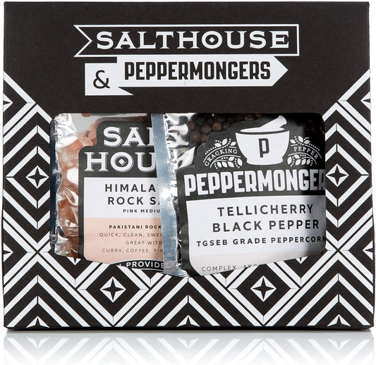 Salt and Pepper Grinder Combo: Himalayan Pink Rock Salt 100G + Tellicherry Black 50G - Salthouse and Peppermongers - Nourishment Tapestry