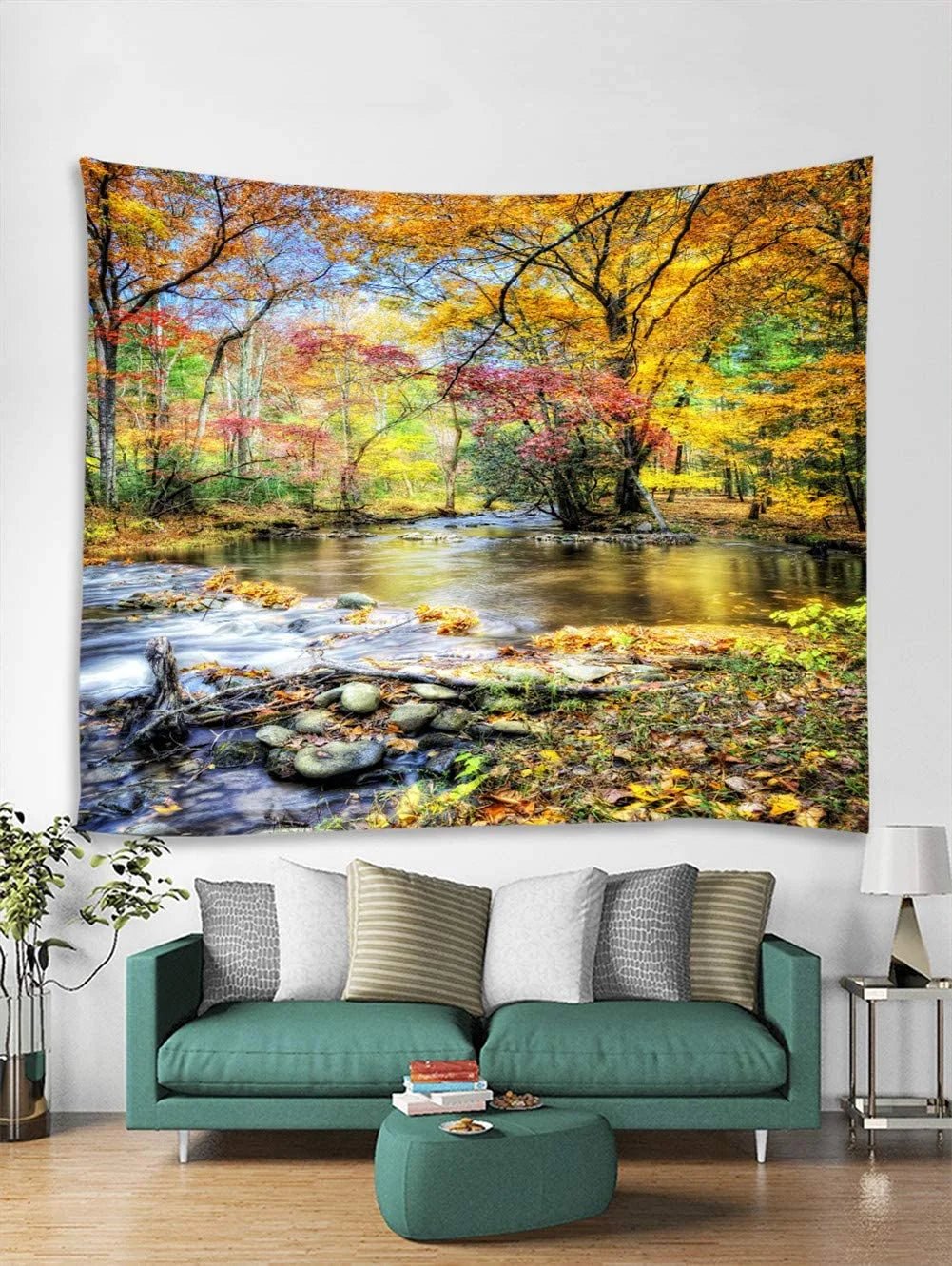 Scenic Forest Tapestry Wall Hanging - Large 90"x70" Yellow Landscape Decor - Nourishment Tapestry