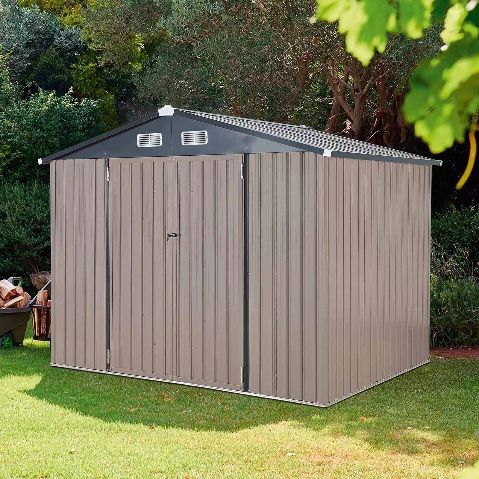 Secure 8x6 FT Metal Garden Shed: Lockable, Galvanized Steel Storage Solution in Brown - Nourishment Tapestry