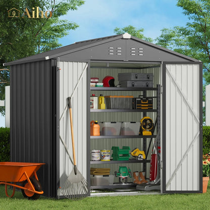 Secure 8x6 Metal Garden Shed: Ventilated, Lockable Storage - Gray - Organize Your Backyard - Nourishment Tapestry