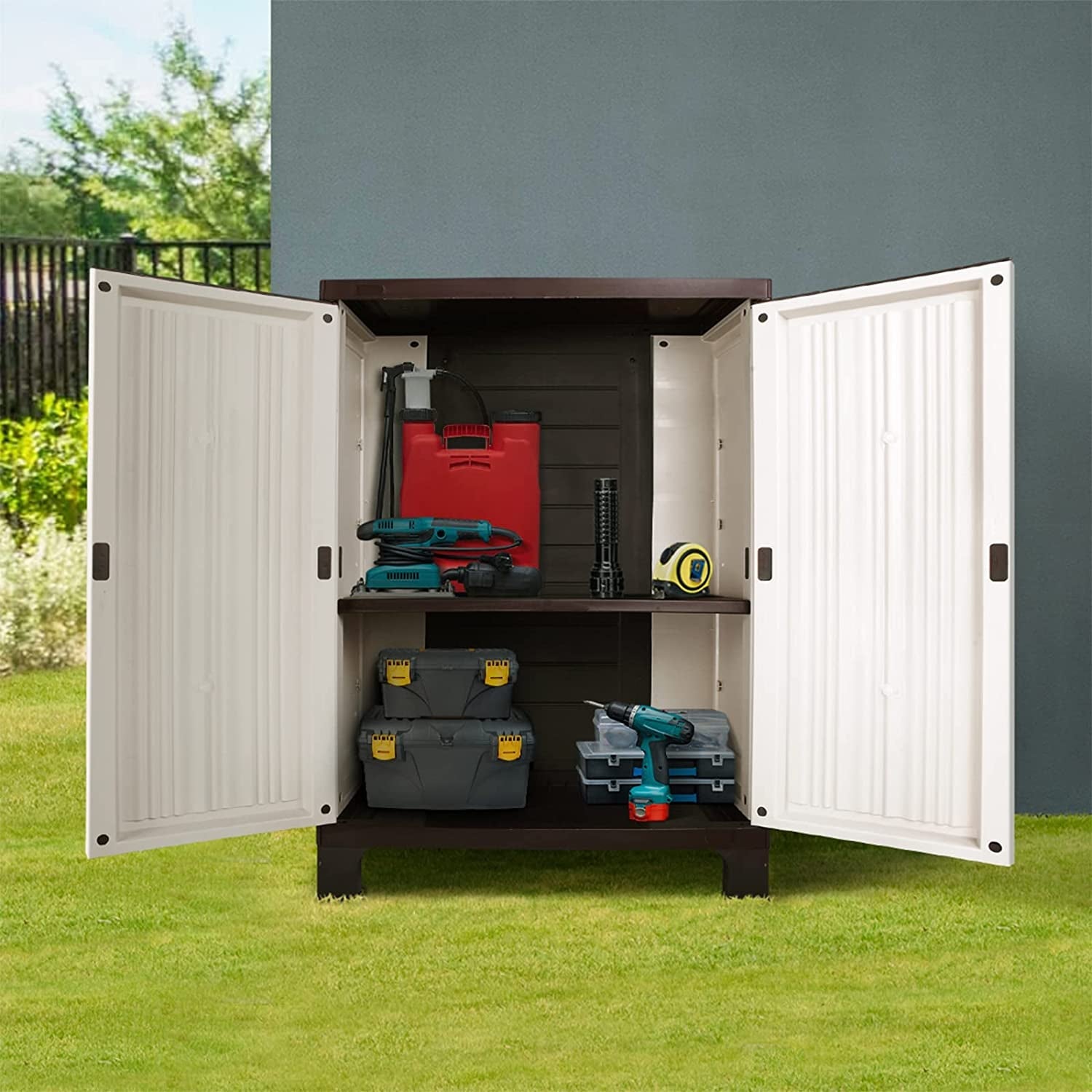 Secure Beige Garden Storage Shed with Lockable, Adjustable Shelf - Weather - Resistant Livsip Box - Nourishment Tapestry