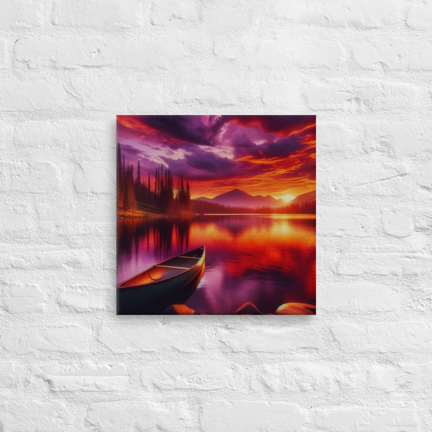 Serene Lakeside Sunset Canvas: Boat Scene Wall Art for Home Decor (24x36 inches) - Nourishment Tapestry