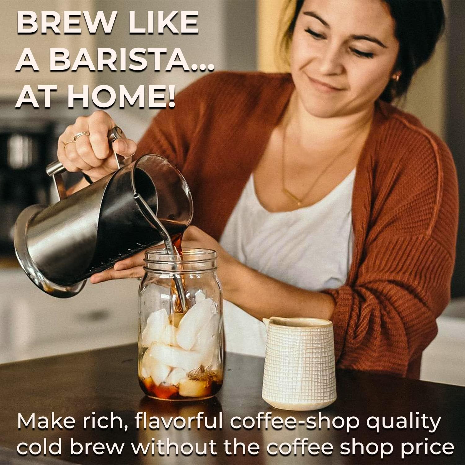 Stainless Steel Cold Brew Coffee Maker Pitcher - Perfect Iced Coffee & Tea (34oz) with Measuring Label and Air Tight Seal - Nourishment Tapestry