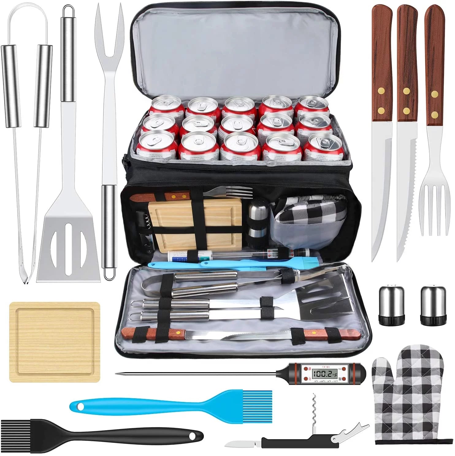 Ultimate 20 - Piece BBQ Grill Accessories Set with Stainless Steel Utensils and Cooler Bag for Camping and Outdoor Cooking - Nourishment Tapestry