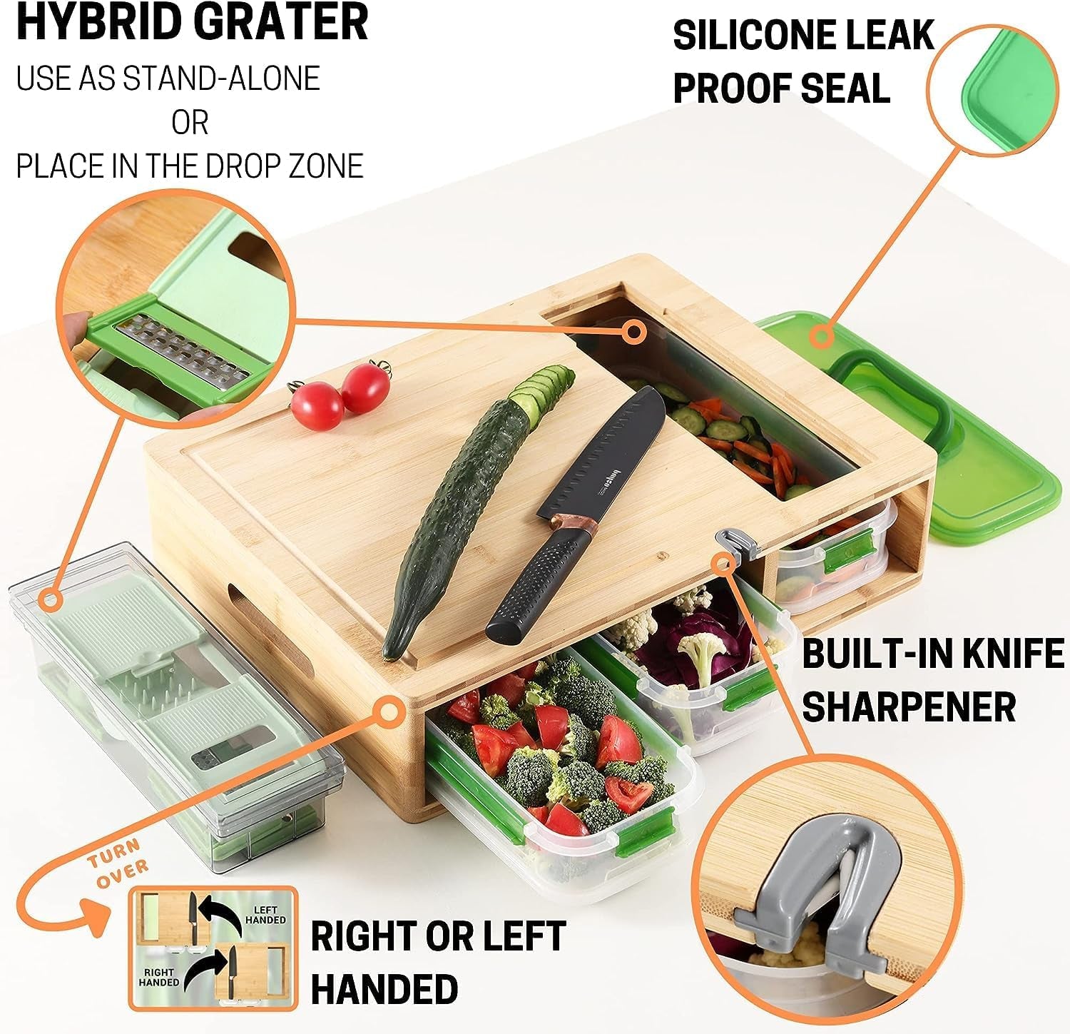 Ultimate 5 - in - 1 Bamboo Cutting Board Set: Kitchen Prep Station with Grater, Knife Sharpener & Storage - Nourishment Tapestry