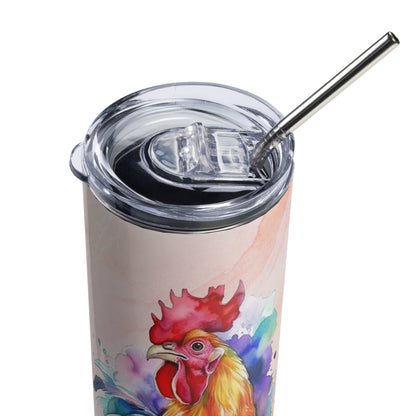 Vibrant Watercolor Rooster Tumbler: 20oz Insulated Farm - Inspired Cup - Nourishment Tapestry