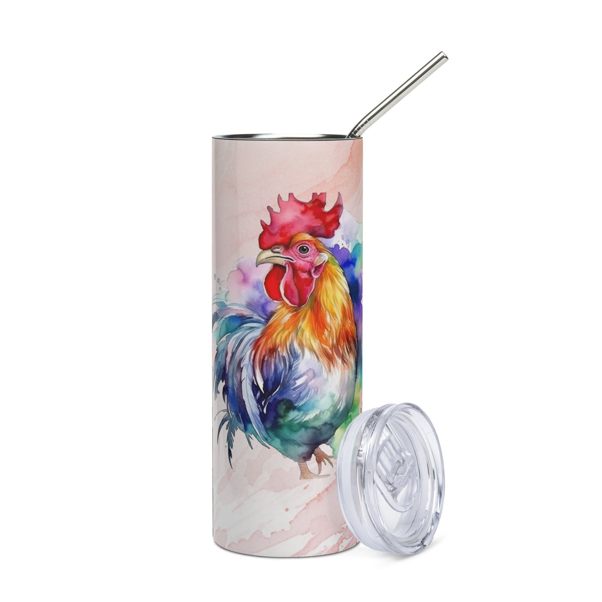 Vibrant Watercolor Rooster Tumbler: 20oz Insulated Farm - Inspired Cup - Nourishment Tapestry