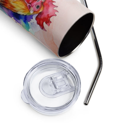 Vibrant Watercolor Rooster Tumbler: 20oz Insulated Farm - Inspired Cup - Nourishment Tapestry