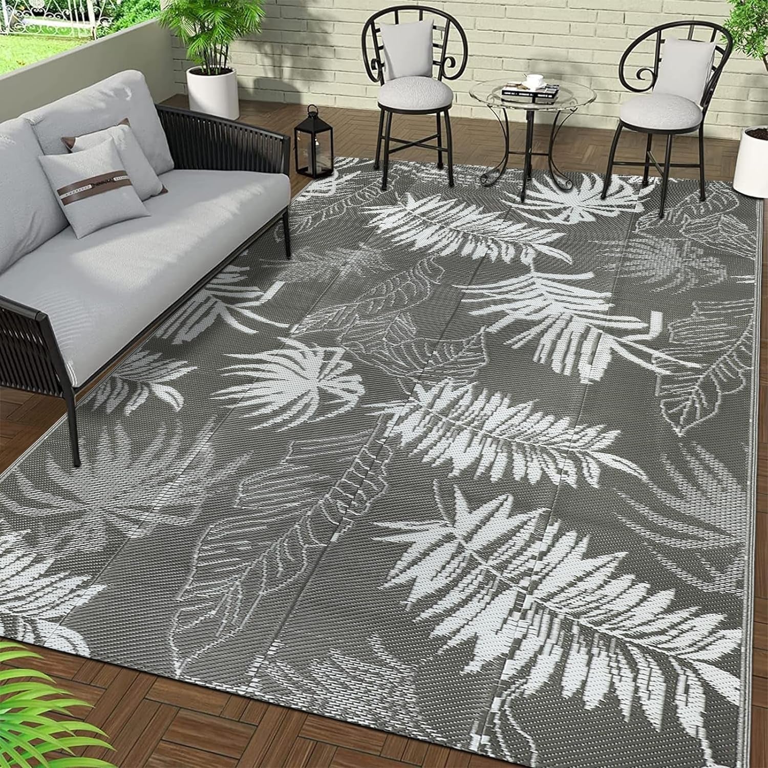 Waterproof Reversible Outdoor Rug 150x245cm: Grey Mat for Patio, Camping, RV & Picnic - Nourishment Tapestry