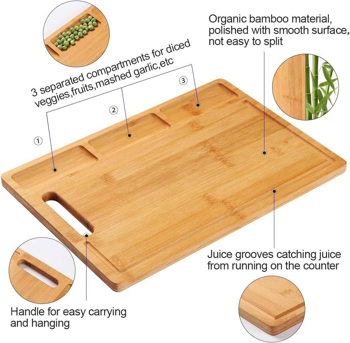 XL Bamboo Cutting Board: Reversible, 3 - Compartment, Juice Groove - Kitchen Prep Station - Nourishment Tapestry