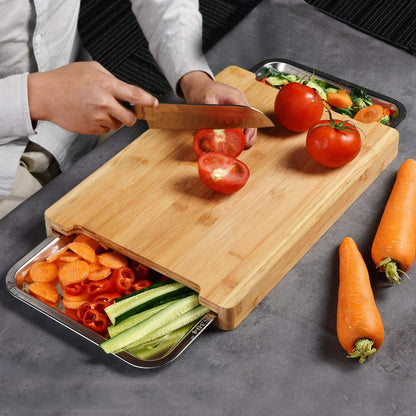 XL Organic Bamboo Cutting Board with Steel Trays: Kitchen Prep Station - Nourishment Tapestry