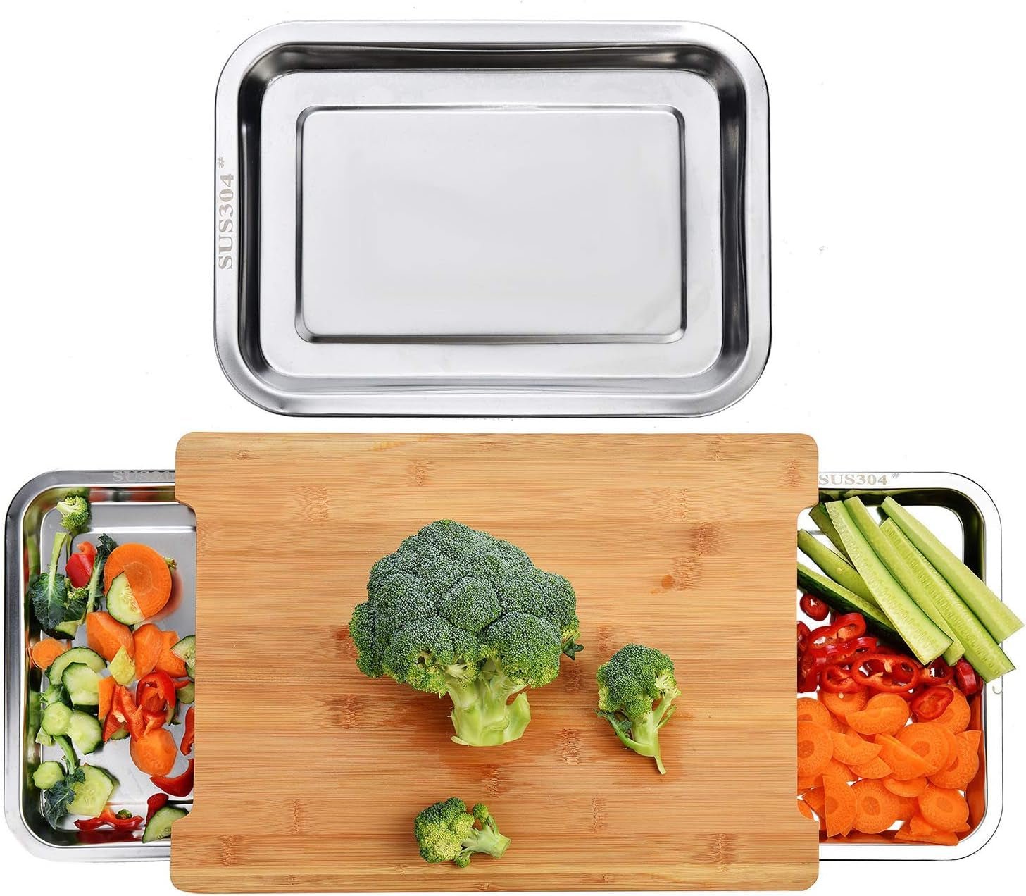 XL Organic Bamboo Cutting Board with Steel Trays: Kitchen Prep Station - Nourishment Tapestry