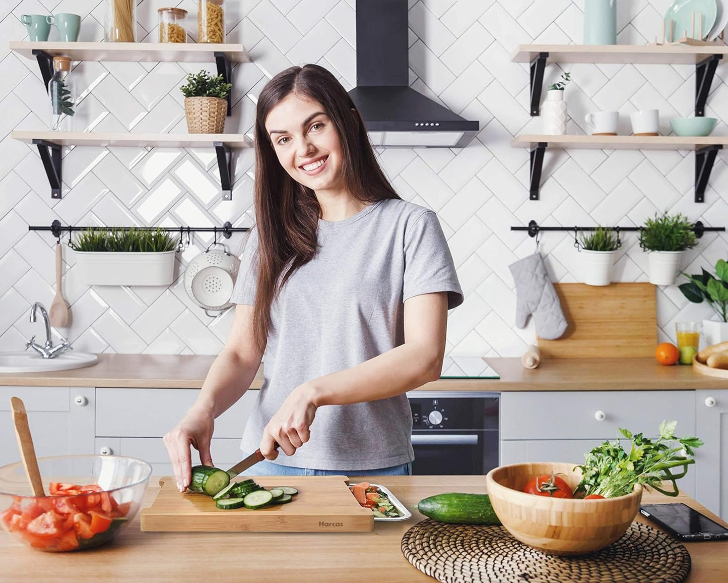 XL Organic Bamboo Cutting Board with Steel Trays: Kitchen Prep Station - Nourishment Tapestry